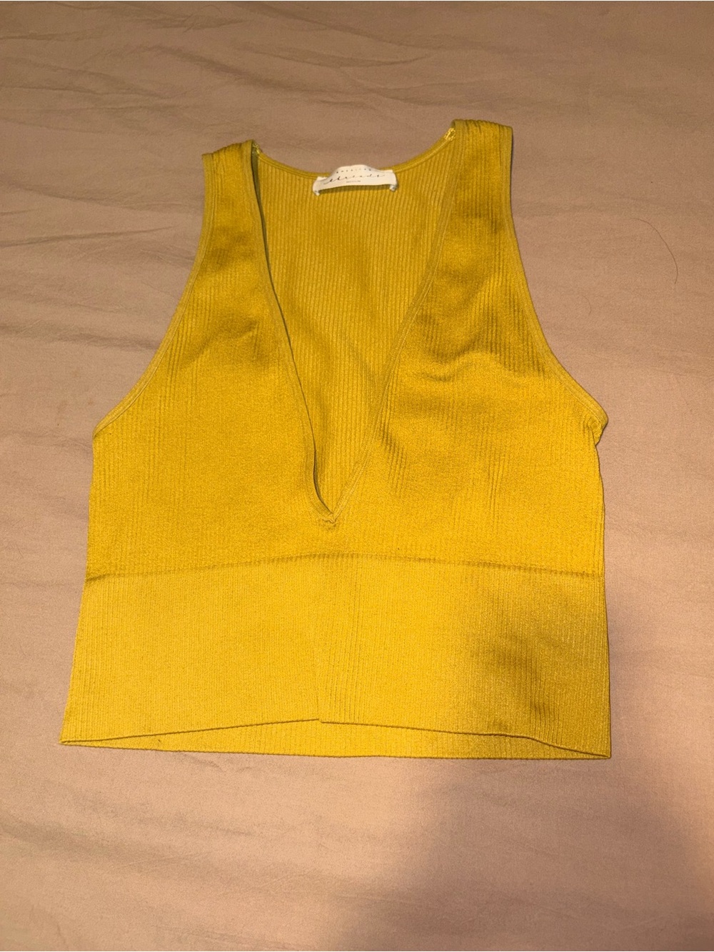 American Threads Green/Yellow V-Neck Ribbed Sleeveless Top